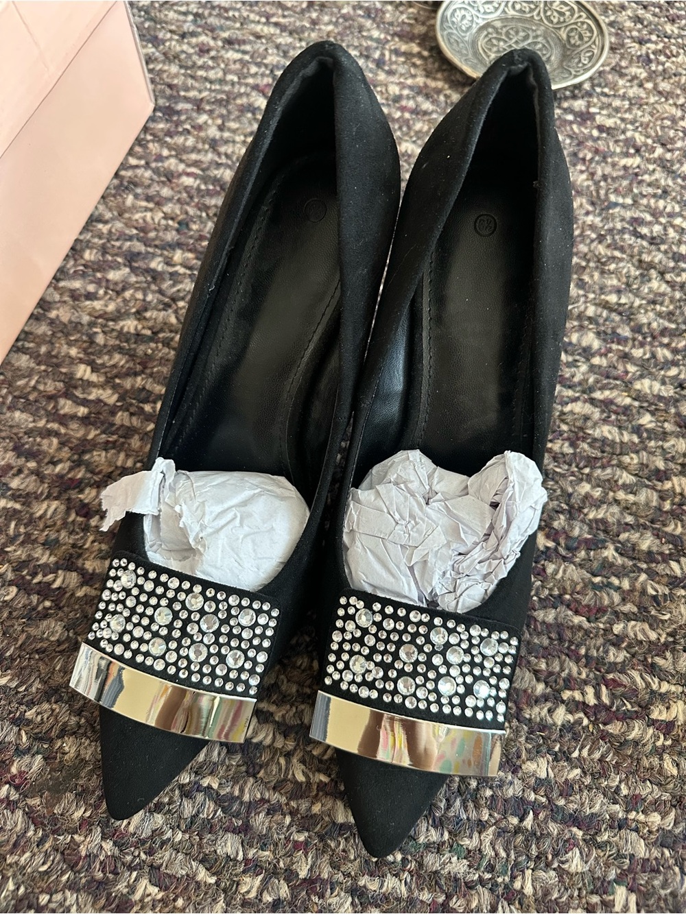 Black Embellished Pointed-Toe Women's Heels